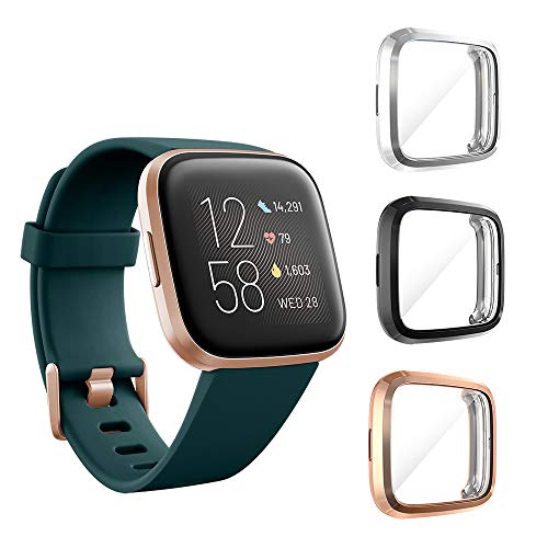 Book Cover Seltureone (3 Pack) Compatible for Fitbit Versa 2 Screen Protector Case, Full Body Cover Scratch Resistant Shock Absorbing Ultra Slim Protective for Fitbit Versa 2 Cases (Black,Silver,Rose Gold)