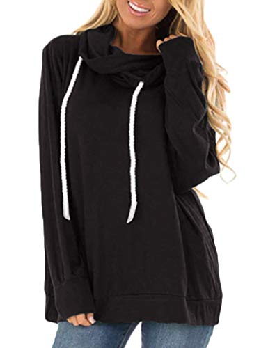 Naggoo Womens Winter Cowl Neck Long Sleeve Drawstring Casual Hoodie Sweatshirt Pullover Black XXL