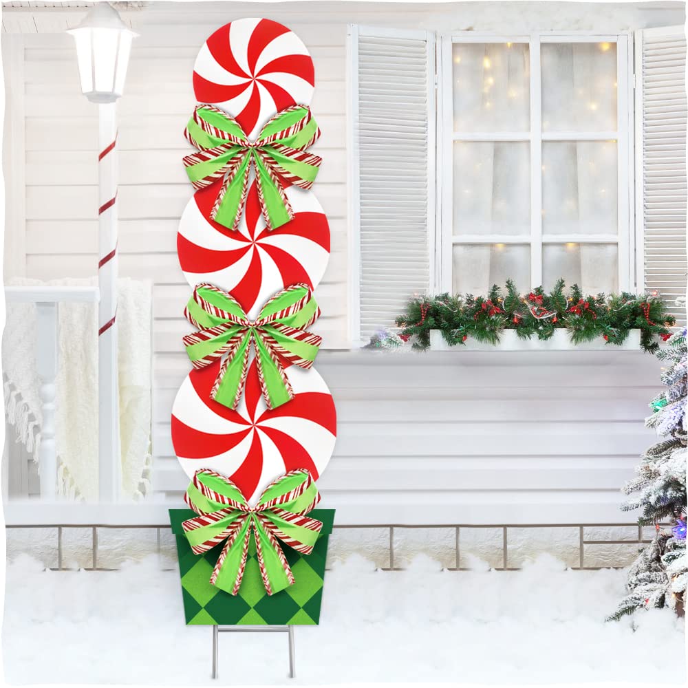 Book Cover Candy Christmas Decorations Outdoor - 44In Peppermint Xmas Yard Stakes - Giant Holiday Decor Signs for Home Lawn Pathway Walkway Candyland Themed Party - Red White Green