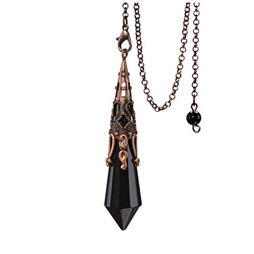 Book Cover Top Plaza Reiki Healing Crystal Dowsing Black Obsidian Pendulum Necklaces for Divination Bronze Wicca Balancing Pointed Pendant Pendulum, 12 Facet