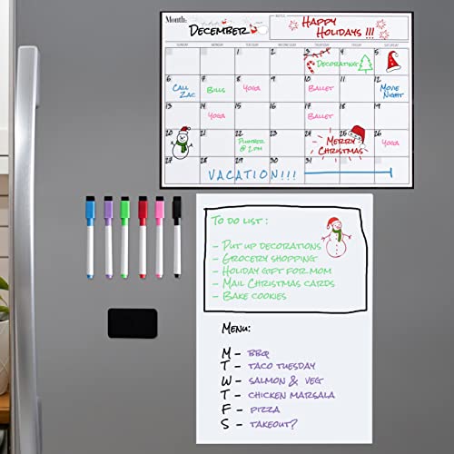 Magnetic Dry Erase Fridge Calendar and Whiteboard Bundle for Fridge: 2 Boards Included - 17x12" - 6 Fine Tip Markers and Large Eraser with Magnets - Monthly Magnetic Whiteboard for Fridge
