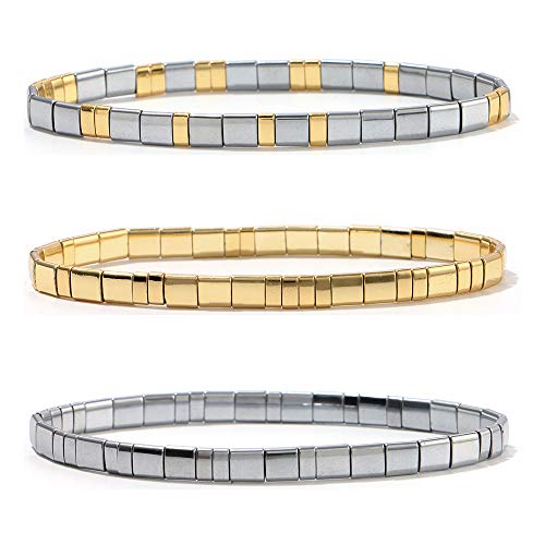 Book Cover 3PCS Stretch Silver Gold Plated Bracelets for Women, Couple Bracelets & Fashion Strand Bracelets for Wedding, Party, Pageant, Evening & Party Wear