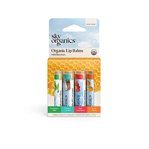 Book Cover Sky Organics Organic Lip Balms With Beeswax for Lips, USDA Certified Organic, Four Assorted Flavors to Moisturize, Soothe & Soften, 4pk.