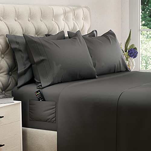 DREAMCARE 6 Piece Deep Pocket Sheets Microfiber Sheets Bed Sheets Soft & Long Lasting 100% Fine Brushed Microfiber Polyester with Side Pocket King Size, Gray