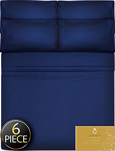 Book Cover 6 Piece Queen Sheets Bed Sheets Queen Size - Sheets Queen Size Sheets Queen Bed Sheets Queen Sheet Set Queen Size 6 Piece Deep Pocket Queen Sheets Microfiber Sheets Queen Bedding Sets Sheet Navy Blue
