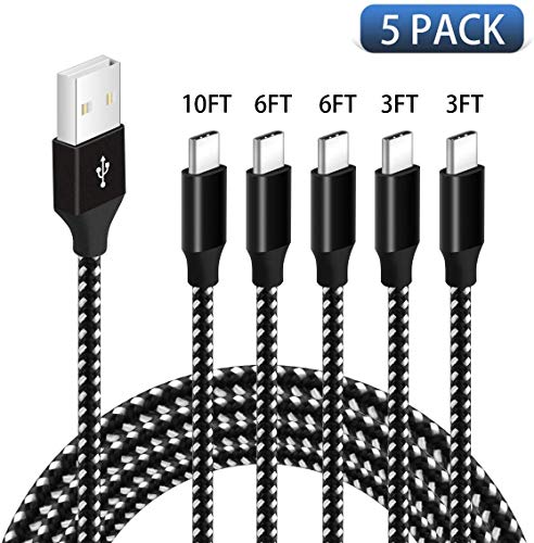 Book Cover USB C Cable,Nylon Braided Type C Charger Cable 5PACK 3/3/6/6/10 ft USB A to C Fast Charging Cord Compatible Samsung Galaxy Fast Charger S10 Plus/S10e/S9 9Plus S8 8Plus Note 10 Plus 9 8,Pixel Motorola