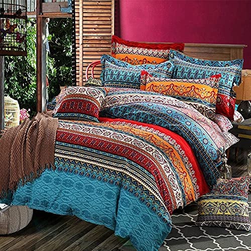 Book Cover Bohemian Duvet Cover Set Queen Size 90x90 inches Vibrant Red Orange Boho Chic Floral Striped Comforter Cover Reversible Soft Microfiber Bedding Duvet Covers with Zipper & Ties