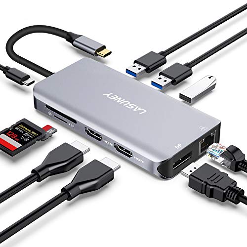 Book Cover Lasuney Triple Display USB Type C HUB with to 2 HDMI, Displayport, PD3.0, Ethernet, 3 USB Ports, SD/TF, Multiport Adapter Docking Station Dongle for MacBook Air Pro and More