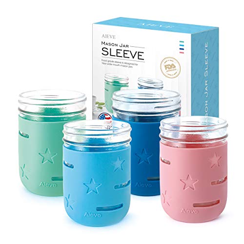 Book Cover AIEVE Mason Jar Sleeve, 4 Pack Silicone Sleeve Mason Jar Sleeve Protector Anti-slip Canning Sleeve Set for Mason Jars 16 oz Wide Mouth Canning Jars Ball Jars to Prevent Slipping (Jars not Included).