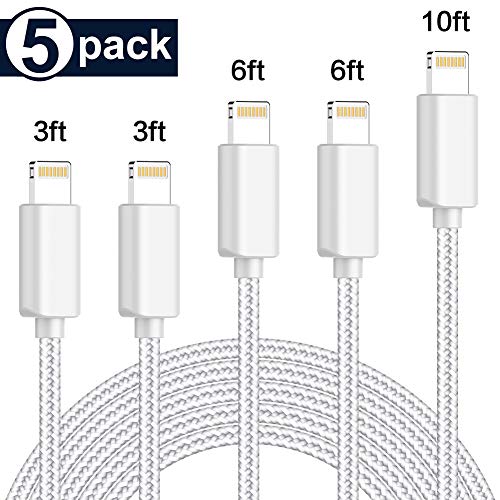 PLmuzsz iPhone Charger MFi Certified Lightning Cable 5 Pack (3/6/10FT) Extra Long Nylon Braided USB Charging & Syncing Cord Compatible iPhone Xs/Max/XR/X/8/8Plus/7/7Plus/6S/6S Plus/SE/Nan More