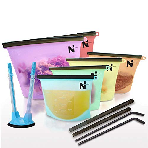 Reusable Silicone Food Bag, Silicone Storage Bags, Waterproof, Leak proof, Extra Thick & Airtight Food Storage Bags, 11pcs Kit with Silicone Straws, Bag Filling Stand, & Replacement Food Bag Clips