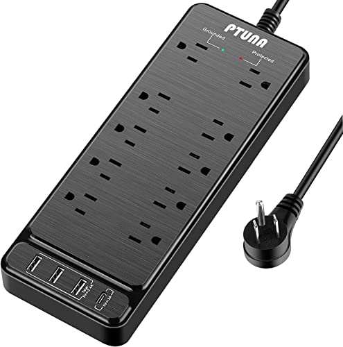 Power Strip Surge Protector with USB, 8ft Extension Cord Flat Plug USB C Power Strip with 10 AC Outlets 4 USB Ports (1 Pack Black)