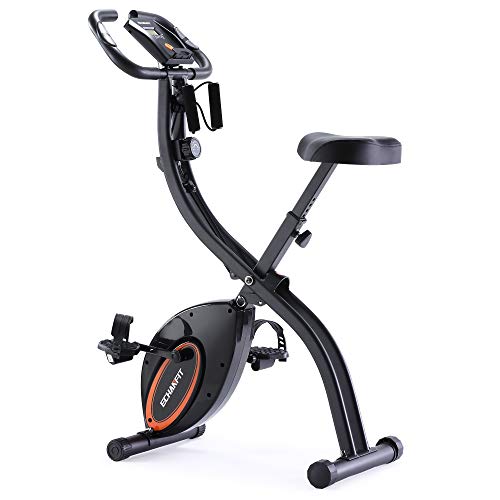 ECHANFIT Indoor Cycling Bike Folding Magnetic Exercise Upright Bike Stationary with 16 Levels Resistance Arm Training Bands and Electronic Display