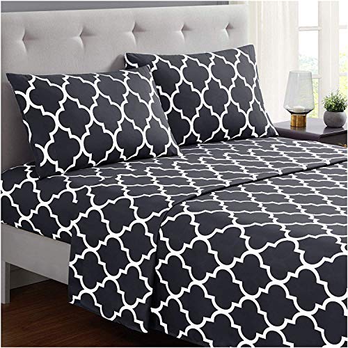 Mellanni Bed Sheet Set Queen-Dark-Gray - Brushed Microfiber Printed Bedding - Deep Pocket, Wrinkle, Fade, Stain Resistant - 4 Piece (Queen, Quatrefoil Dark Gray)