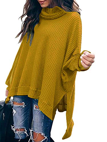 ETCYY Women's Turtleneck Waffle Knit Sweaters Batwing Lantern Sleeve Pullover High Low Hem Side Slit Tunic Jumper Tops