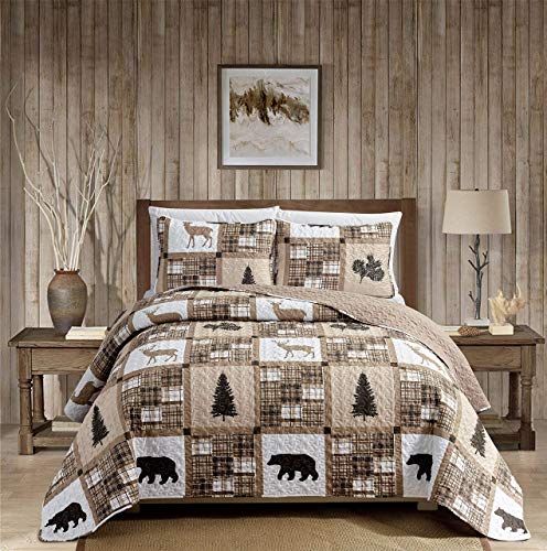 Book Cover Rustic Modern Farmhouse Cabin Lodge Quilted Bedspread Coverlet Bedding Set with Patchwork of Wildlife Grizzly Bears Deer Buck and Plaid Check Patterns in Taupe Brown - Western-1 (Full/Queen)