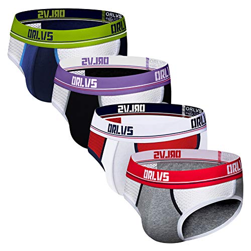 ORLVS Men's Briefs Breathable Mesh Low Rise Underwear Cotton Bulge Pouch Underpants Multi Color (4-Pack)