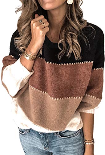 Book Cover Angashion Women's Sweaters Casual Long Sleeve Crewneck Color Block Patchwork Pullover Knit Sweater Tops