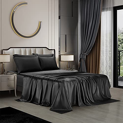 Book Cover AiMay 6 Piece Satin Bedding Sheet Set King Black Deep Pocket 1800 Series Luxury Rich Silk Silky Super Soft Solid Color 4 Pillowcases Reversible Sexy Honeymoon Wrinkle Free (King, Black)