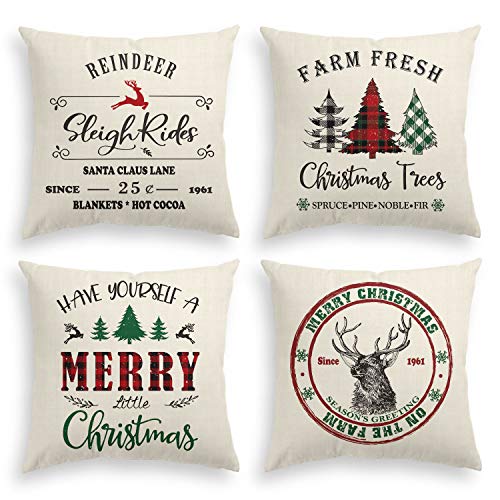 Book Cover AVOIN Christmas Throw Pillow Cover, 18 x 18 Inch Winter Holiday Rustic Linen Cushion Case for Sofa Couch Set of 4