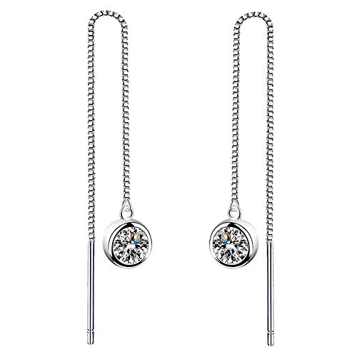 Women 925 Sterling Silver Brilliant Round Cut CZ Needle Threader Pull Through Dangle Earrings