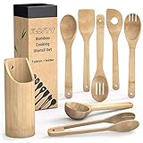 Electy Wooden Spoons for Cooking – 8piece Set with Soup Spoon, Bamboo Spatula, Bamboo Utensil Holder