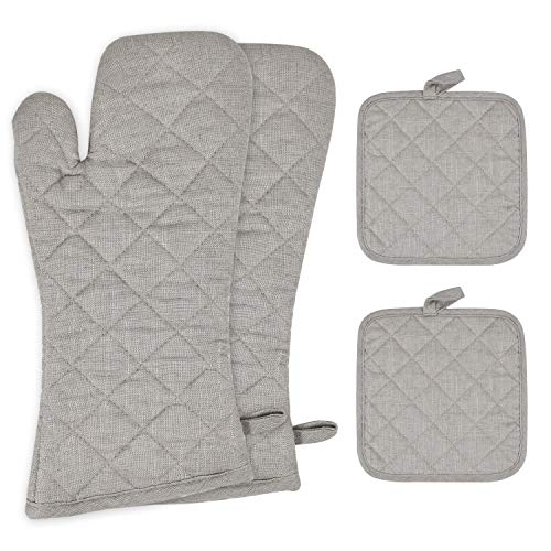 Book Cover Dorkar Oven Mitts and Pot Holders, Heat Resistant Kitchen Aid Set of 4 for Finger Hand Wrist Protection with Inner Lining, Kitchen Gloves for BBQ Cooking Baking Grilling with Non-Slip Surface-Gray