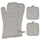 Oven Mitts and Pot Holders, Heat Resistant Kitchen Aid Set of 4 for Finger Hand Wrist Protection with Soft Inner Lining, Kitchen Gloves for BBQ Cooking Baking Grilling with Non-Slip Surface-Gray
