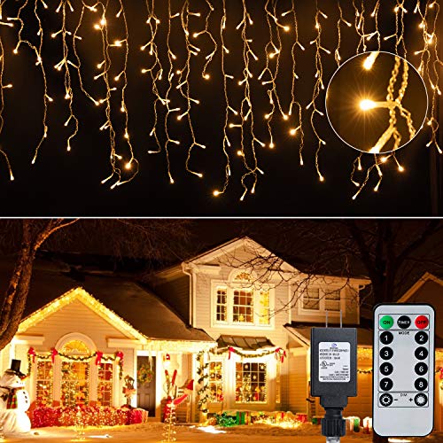 Book Cover Icicle Lights Christmas Lights Outdoor, 19.6 Feet 306 Led Twinkle Curtain String Lights, with Remote Timing Waterproof Hanging Light for Patio Tree Indoor Christmas Decorations Outside, Warm White