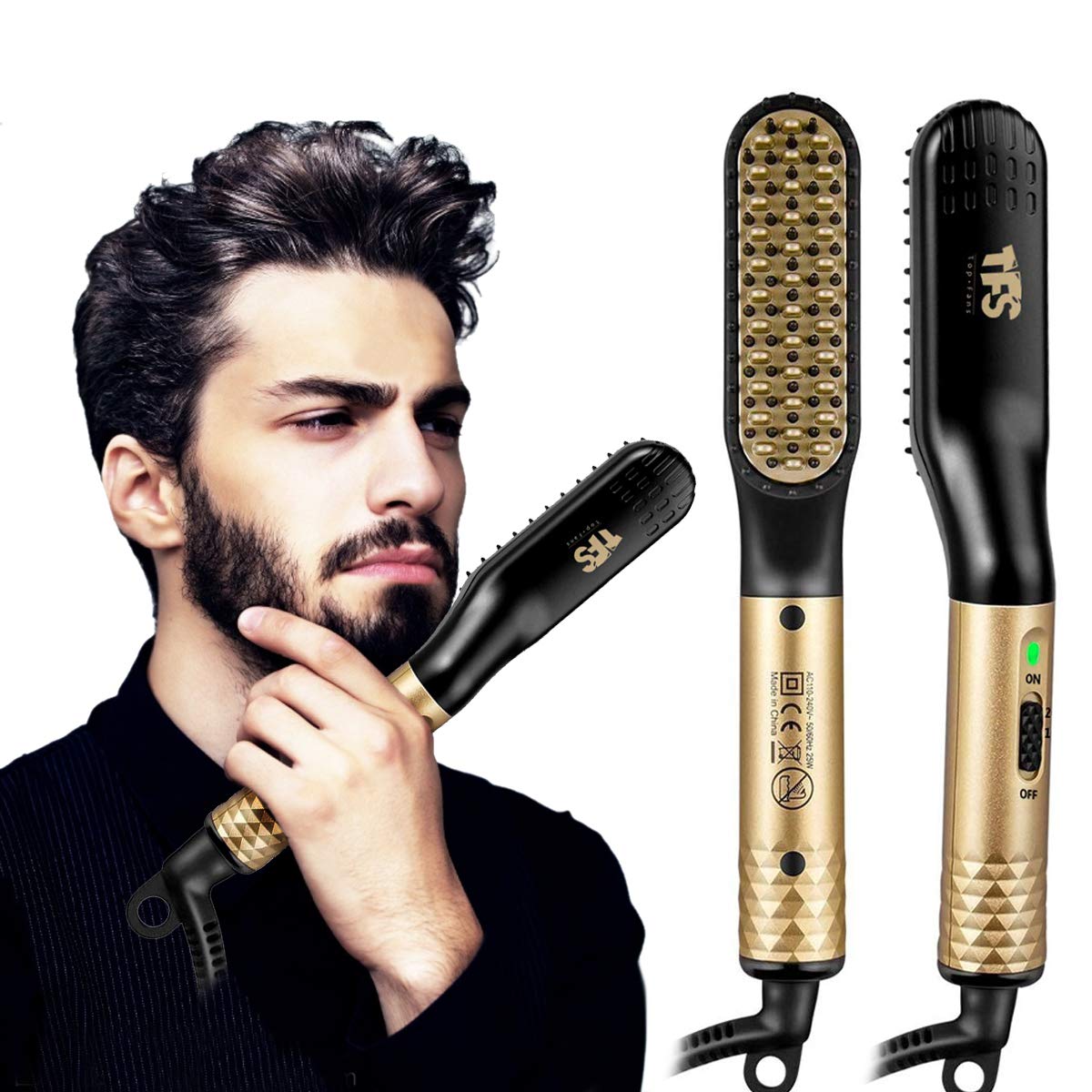 TFS Heated Beard Straightener Brush for Men - 2 In 1 Beard & Hair Straightening Brush with Ceramic Teeth, Portable Electric Hot Comb Iron Men's Mustache Combs Brush Styler Tools for Buddy Home Travel