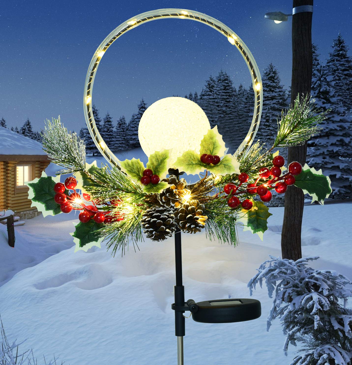 Doingart 2 Pack Solar Christmas Lights Outdoor Decoration, LED Ball Decorative Christmas Light with Faux Pine Cones, Foliage Accents Garden Decor Stakes