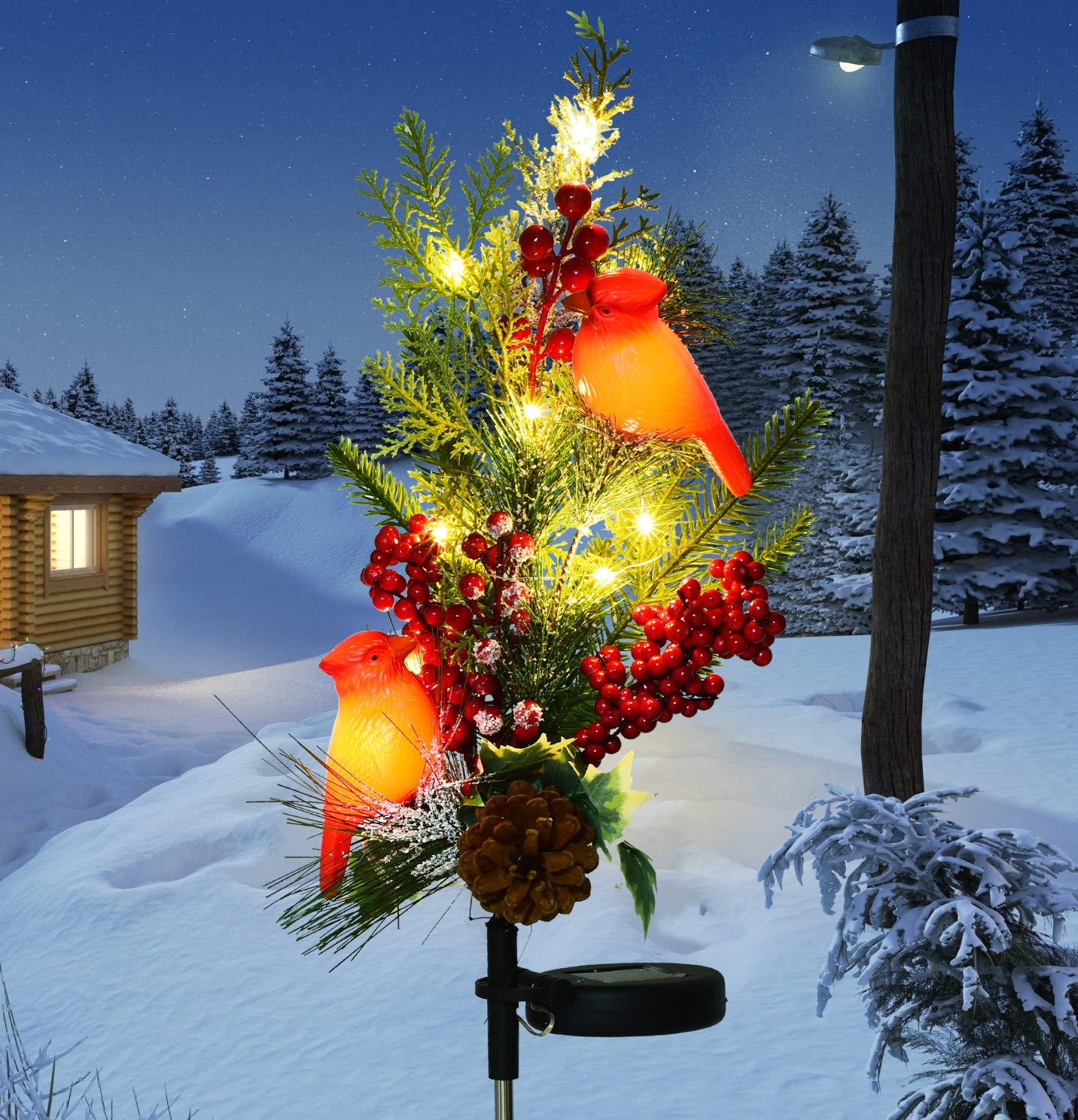 Book Cover Doingart Outdoor Solar Christmas Garden Lights, Red Snow Bird Decorative Christmas Stake Light with Faux Pine Cones, Foliage Accents Garden Decor