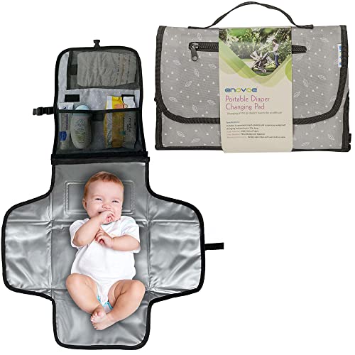 Enovoe Portable Diaper Changing Pad for Baby - Convenient, Durable, Waterproof Travel Changing Mat with Built-in Head Pillow for Your Infant - Grey Leaf Design