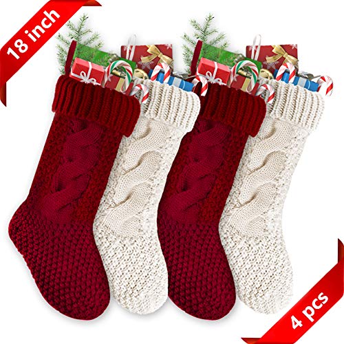 Christmas Stockings Christmas 4 Pack 18 inches Large Size Cable Knit Stocking Christmas stockings, White Christmas Stockings & Red Christmas Stockings Decorations for Family Holiday Season Decor