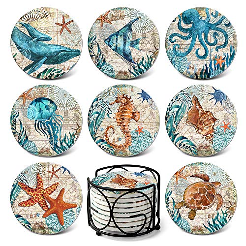 Book Cover Absorbing Stone Sea Ocean Life Coasters for Drinks by Teivio - Cork Base, with Holder, Coastal Decor Beach Themed Tropical Unique Present, Housewarming Gifts, Apartment Kitchen Room Bar Decor, Set of