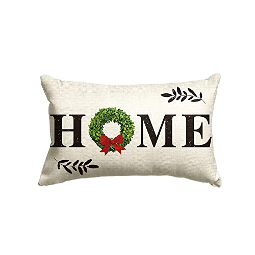 Book Cover AVOIN Christmas Boxwood Wreath Throw Pillow Cover Home Quote, 12 x 20 Inch Winter Holiday Farmhouse Cushion Case Decoration for Sofa Couch
