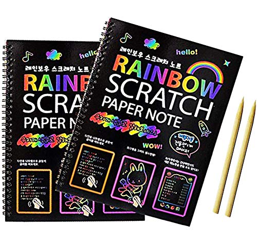 Scratch Art books for Kids (10'7.5 ') Scratch Art Paper Large Black Magic Rainbow Painting Boards 2 Colorful Notebooks with 2 Wooden Stylus! for Ages 3-11 Years Girls or Boys
