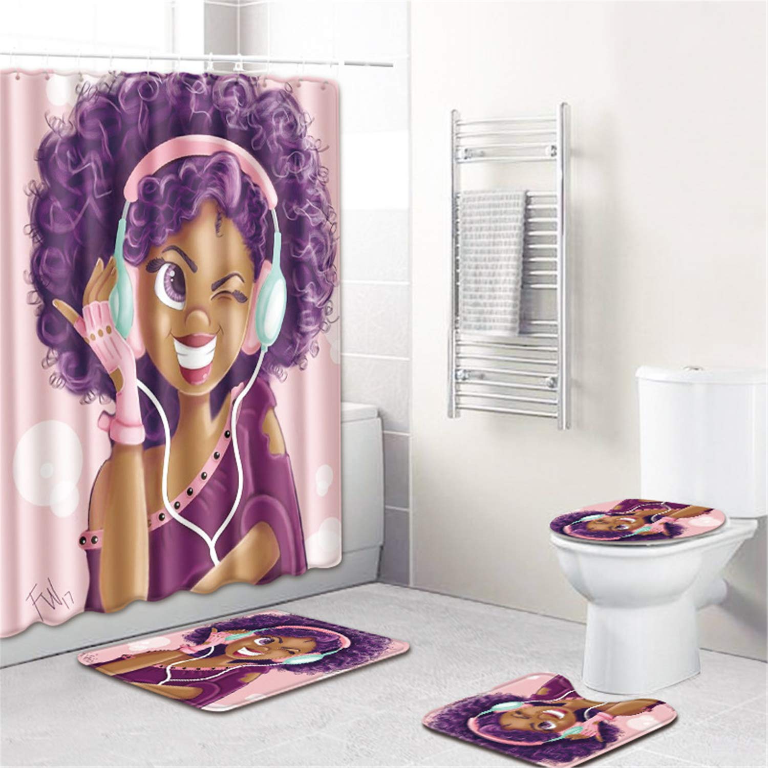 Book Cover Custcolor 4Pieces Decorative Bathroom Shower Curtain and Mat Set, Cute African American Girls with Headphone Bath Curtains with Hooks Durable Anti-Slip Bath Mat Toilet Cover Decor 71inch×71inch