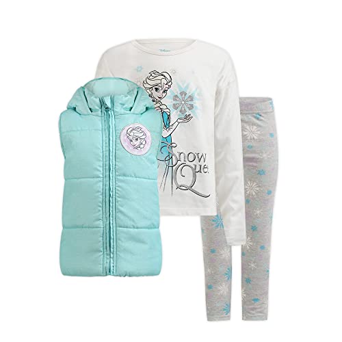 Book Cover Disney Frozen Elsa Girls’ Long Sleeve Shirt, Vest and Legging Set for Toddler and Little Kids – White/Grey/Blue
