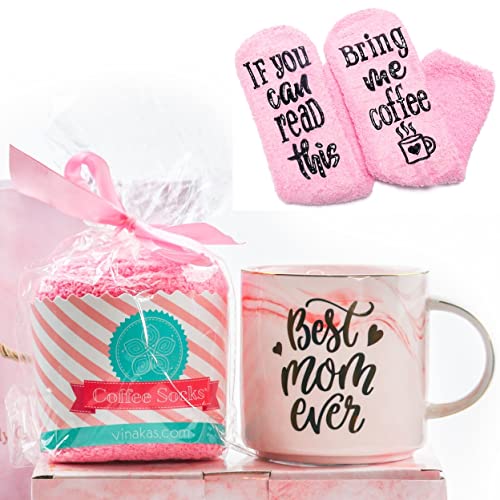 VINAKAS Birthday Gift for mom - 12oz Gold and Pink Ceramic Marble mom Mug Reads "Best MOM Ever" and Fuzzy Socks! - Perfect Gifts for mom or New mom Giftsâ€¦