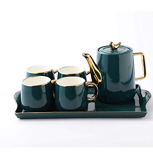 Purzest Tea Cup Teapot Set with Tray, Emerald Ceramic Teapot Coffee Cups Set Christmas Gift for Drinking Tea Latte Water, Tea Pot 40 OZ, 4 Cups 10 OZ