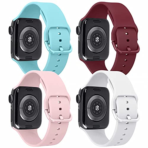 Book Cover Tobfit 4 Pack Compatible for Apple Watch 38mm 42mm 40mm 44mm Bands, Soft Sport Replacement Watchband for iWatch Series 6 5 4 3 SE (Wine Red/White/Pink/Light Blue, 42mm/44mm S/M)