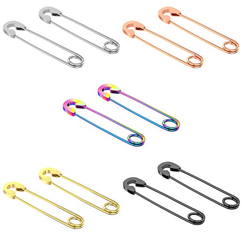 TOPBRIGHT 5 Pairs Stainless Steel Stylish Cartilage Earrings Punk Goth Safety Pin Earrings for Mens Women, 38mm