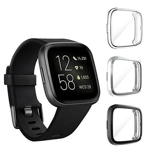 Seltureone(3 Pack) Screen Protector Case Compatible for Fitbit Versa 2, Full Body Cover Scratch Resistant Shock Absorbing Ultra Slim Protective for Fitbit Versa 2 Cases (Clear,Black,Silver)