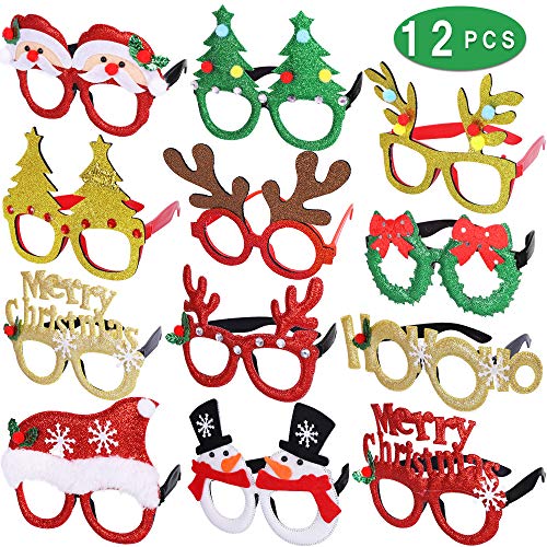 Max Fun 12Pcs Christmas Glasses Glitter Holiday Party Glasses Frames Christmas Decoration Accessories Costume Eyeglasses for Christmas Parties Holiday Favors (One Size Fits All)