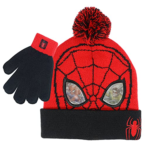 Book Cover Marvel Spider-Man Kid’s Winter Hat and Snow Gloves for Boys and Toddlers, 2 Pc. Set, Pom-Pom Beanie with Warm Mittens