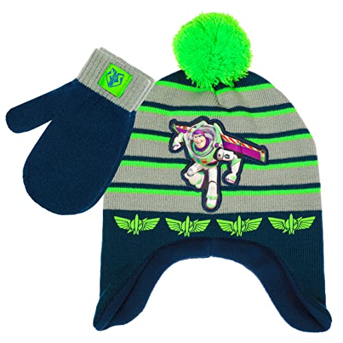 Book Cover Disney Toy Story Buzz Lightyear Toddler Winter Hat and Snow Gloves for Boys 2 Pc. Set, Soft Mittens with Warm Pom-Pom Beanie