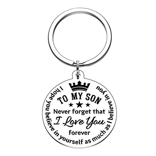 To My Son Inspirational Gift Keychain from Dad Mom Never Forget That I Love You Forever Birthday Graduation Christmas Back to School Gift for Boys Teenage Him Family Pendant Charm Stocking Stuff Gifts