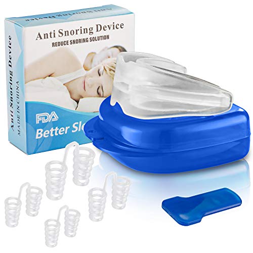 Anti Snoring Device, Silicone Snoring Mouthpiece, Night Guard for Comfortable Sleep Snoring Solution, Professional Sleeping Aid Relieve Snore for Men Women（1 Mouthpiece, 4 Different Sizes Nose Vents）