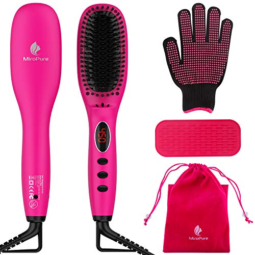 Hair Straightener Brush with Ionic Generator by MiroPure, 30s Fast MCH Ceramic Even Heating, 11 Temperature Control, Professional for Straightening or Curling (Rose Red)